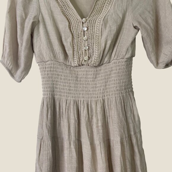 J Gee Prairie Tiered Boho Neutral Maxi Dress Puffed Sleeves Stretch Petite S - Picture 4 of 12